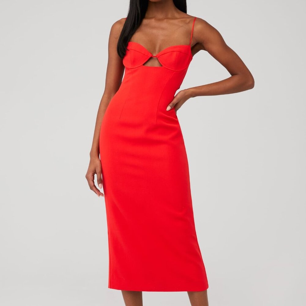 New Bardot Vienna Midi Dress in Flame Orange red backless cutout